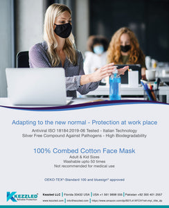 Antiviral Designer Protective Face Mask, 100% Cotton Super Soft Breathable Fabric, Unisex Black- Washable